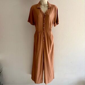 Roolee Rust Jumpsuit Medium Wide Leg Button Front Boho Tie Waist Pockets
